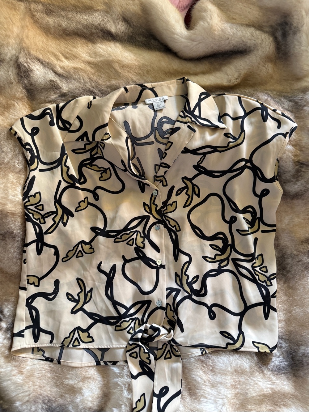 Sleeveless Tie-Front Blouse in Cream with Black Abstract Print - Worthington